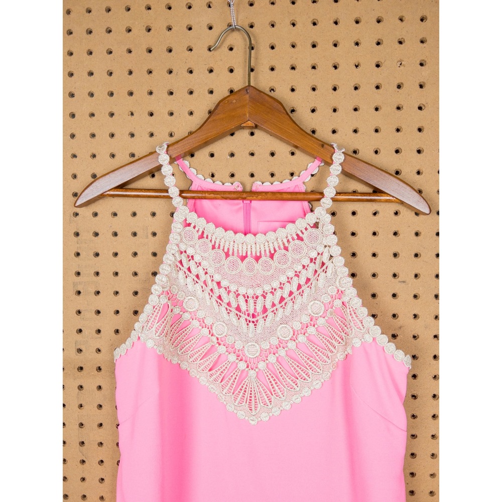 Lilly Pulitzer Pink Halter Shift Dress Gold Crochet Lace Bib Shorts Size 6 - Picture 2 of 6